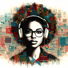 Une femme programmeuse, lunettes sur le nez, arbore un casque audio. Son regard attentif reflète la concentration, prête à plonger dans le monde numérique pour créer l'innovation de demain