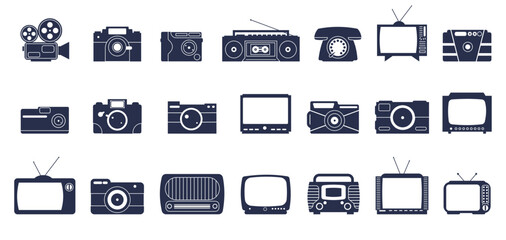 Retro media black icons. Old style multimedia elements, different photo cameras, tv screens and radio. Home digital technology, decent vector set
