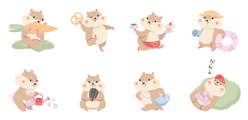Funny hamster. Cute cartoon hamsters in different situations. Fluffy domestic pets playing and eating, sleeping and running, nowaday vector clipart