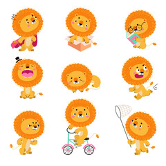 Cartoon lions. Cute lion in different poses and situations. Wild savanna animal reading, running and riding bicycle. Childish animals nowaday vector characters