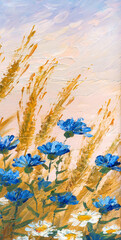 Cornflowers in a wheat field. Oil painting