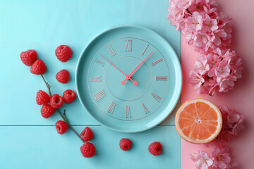 Сlock surrounded by food and flowers, isolated on pastel background. Interval fasting or meal schedule concept.