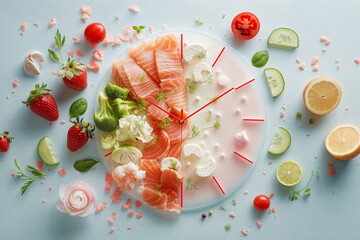 Сlock surrounded by food, isolated on light background. Interval fasting or meal schedule concept.