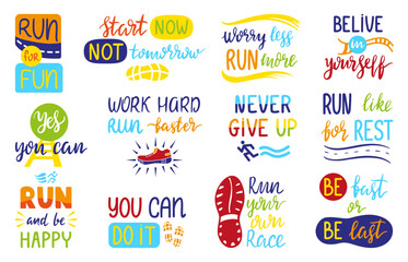 Running sport phrases. Motivational run lettering quotes with sporty elements. Hand drawn typography design for clothes prints, neoteric vector set