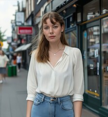 A woman in jeans and white blouse standing on the street.
