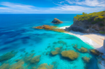 Fototapeta na wymiar Tropical Paradise: Pristine Beach with Turquoise Water Beckons Relaxat