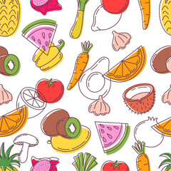 Doodle vegan seamless pattern. Fruits and vegetables, hand drawn style fresh food. Kitchen fabric print design, neoteric vector background
