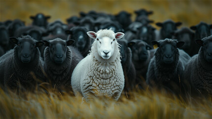White sheep stands out in the middle of black sheep