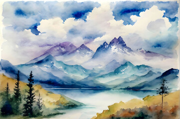  Tranquil Mountain Lake at Dusk - Soft Watercolors Capture the Serenity of a Mountain Landscape