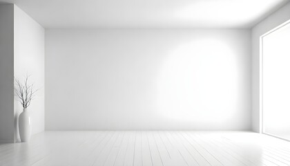 An empty room with white walls and a wooden floor, showing a minimalistic interior design