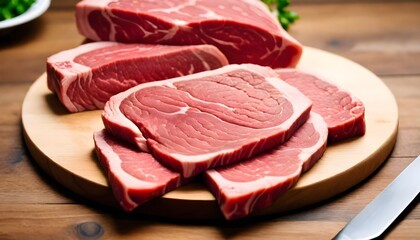 Freshly sliced beef arranged neatly on a wooden cutting board next to a sharp knife, ready for cooking