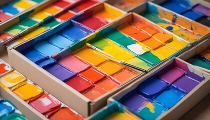 A collection of vibrant paints stored neatly in a wooden box