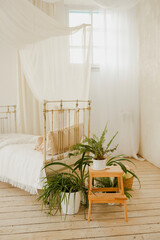 beautiful bedroom interior with a bed and curtains in white colors and with green plants in pots....