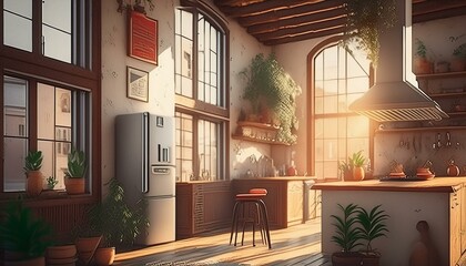 Beautiful loft with high ceilings and a spacious kitchen while warm sunlight streams in, created with generative AI
