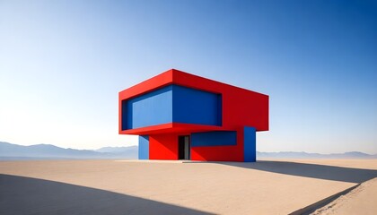 A blue and red building standing out in the vast desert landscape under the scorching sun - Powered by Adobe