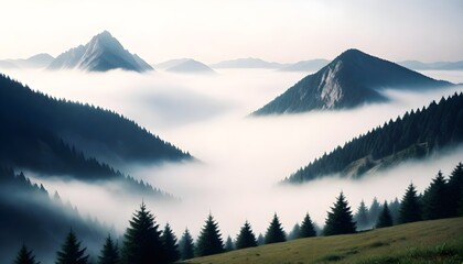 A mountain range covered in fog with tall trees standing in the background