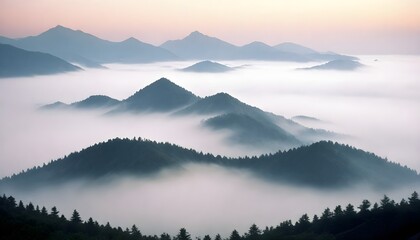 A mountain range covered in fog during sunrise, creating a mystical and ethereal atmosphere - Powered by Adobe