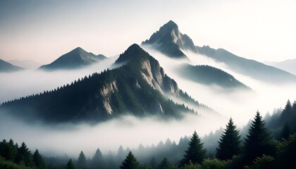 A mountain range covered in fog with trees in the background, creating a mystical and atmospheric scene