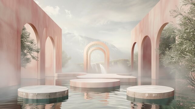 Archshaped podium in a muted pastel shade, set against a backdrop of gently flowing river water, for a soothing visual experience