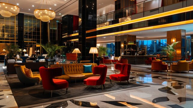Luxurious Hotel Lounge with Rich Wooden Accents and Comfortable Seating, Ideal for Upscale Clientele