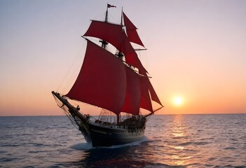 A red sail boat sails gracefully on the ocean waters during the serene sunset, casting a beautiful reflection on the calm waves