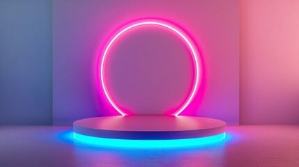 Neonlit podium mockup in vibrant pink and blue hues, perfect for highenergy product showcases, isolated on a white background