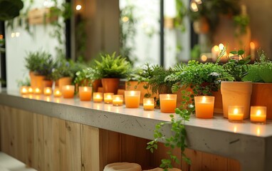 Some potted plants and lighted candles on the wooden table.