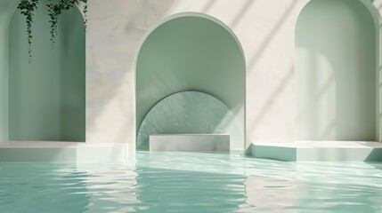 Pastel mint arch podium with a glossy water surface, perfect for highlighting ecofriendly water sports gear