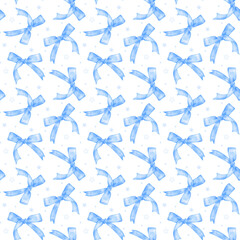Coquette seamless pattern Blue ribbon bow watercolor preppy repeat background