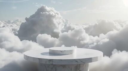 Surreal product podium mockup floating in a dreamlike cloudscape, isolated on a white background