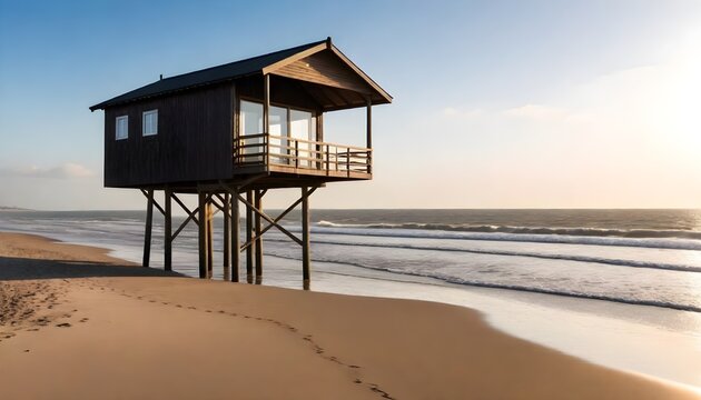 A wooden lifeguard tower stands on the sandy beach overlooking the ocean waves