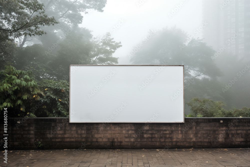 Wall mural Blank billboard in the foggy forest.