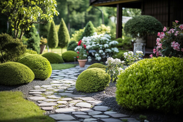 Garden landscaping with stone walkway and flowerbeds.