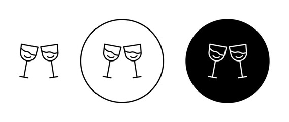 Glass-cheers icon set. champagne drink glass vector symbol. new year wineglass sign. Party celebration two cocktail glasses cheers icon in black and blue color.