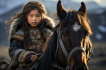 Obraz premium Young girl in traditional attire rides a horse against a mountain backdrop, depicting nomadic life