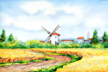 Naklejka premium Watercolor landscape. Mill in a wheat field