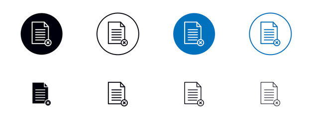 Delete Document icon set. remove or cancel invalid computer file vector symbol. reject or decline form paper. contract denied pictogram in black and blue color.