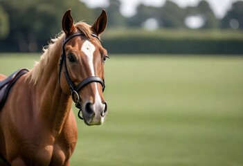 A brown horse stands on a green field, wearing a bridle. The horses ears are alert, and it seems ready for a ride or training session