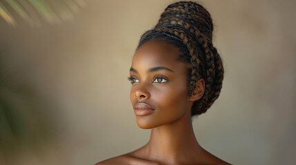 Elegant Portrait of a Young Black Woman with Braided Hair Against a Soft Background