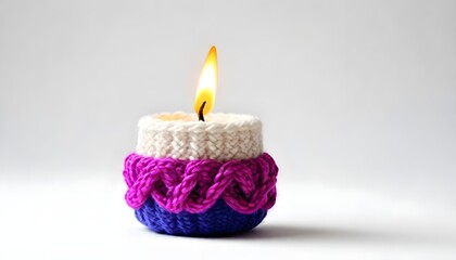 Obraz na płótnie Canvas A knitted candle holder holds a purple and blue candle, creating a cozy and decorative ambiance
