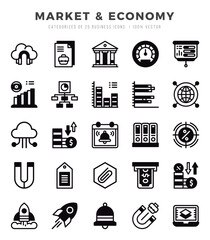 Collection of Market & Economy 25 Lineal Filled Icons Pack.