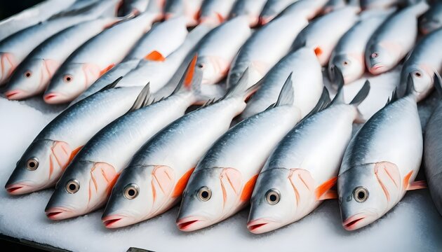 Numerous fish are neatly arranged in a row on a table, showcasing a variety of shapes and sizes