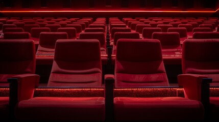 Fototapeta premium High-detail close-up of vacant red cinema seats, emphasizing comfort and isolated against a dark background for advertising