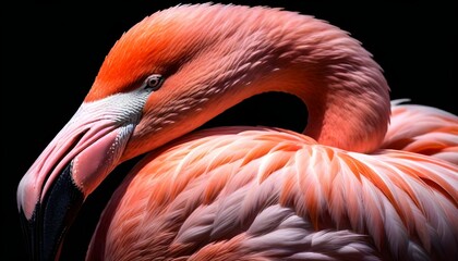 A detailed view of a pink flamingo set against a dark black background, showcasing its vibrant color and distinctive features