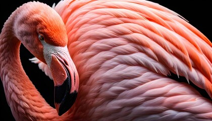 A detailed view of a pink flamingo standing out against a black background