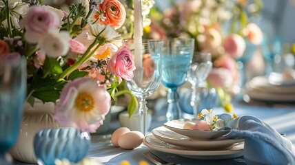 Easter served table with flowers. Selective focus.