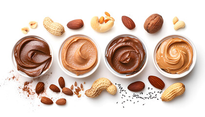 Set of nut butter on white background