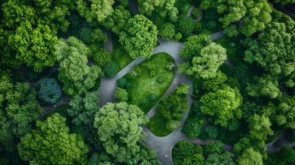 Close aerial shot of a park with intricate greenery and paths, offering maximum focus and clarity on an isolated background