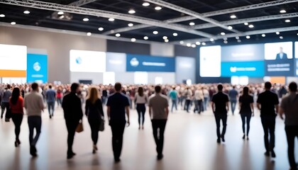A large group of diverse individuals walking through a convention hall, engaged in conversation and moving purposefully