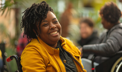 Happy candid disabled black woman in wheelchair laughing with team of colleagues, Smiling female with disability socialising with friends. Diversity equality & inclusion. Disability representation - Powered by Adobe